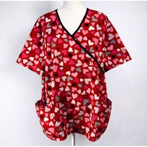 SB SCRUBS Nurse‎ Scrub Top Women's Red 2X Kawaii Cute Hearts Caregiver V Neck